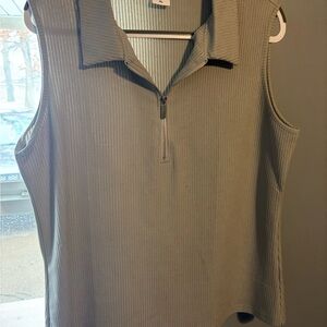 Ribbed Sleeveless Zip Polo Tank Top - Olive Green